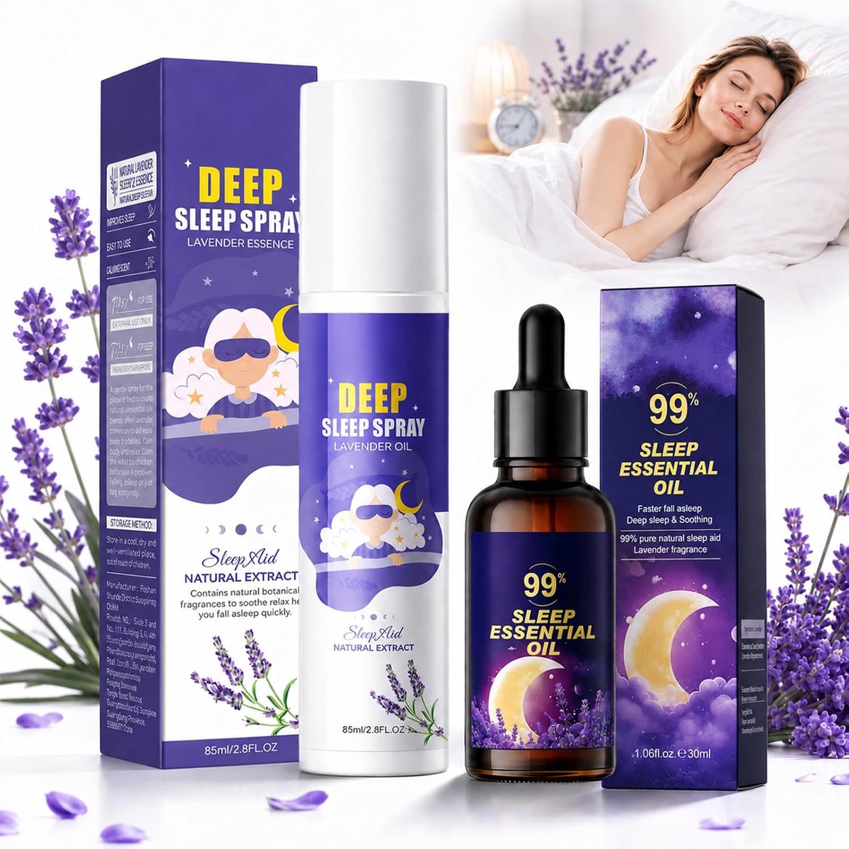 Hoofdkussennevel voor diepe slaap, 85 ml & set etherische oliën 30 ml, ontspanningsspray voor nachtritueel - ShopVlot