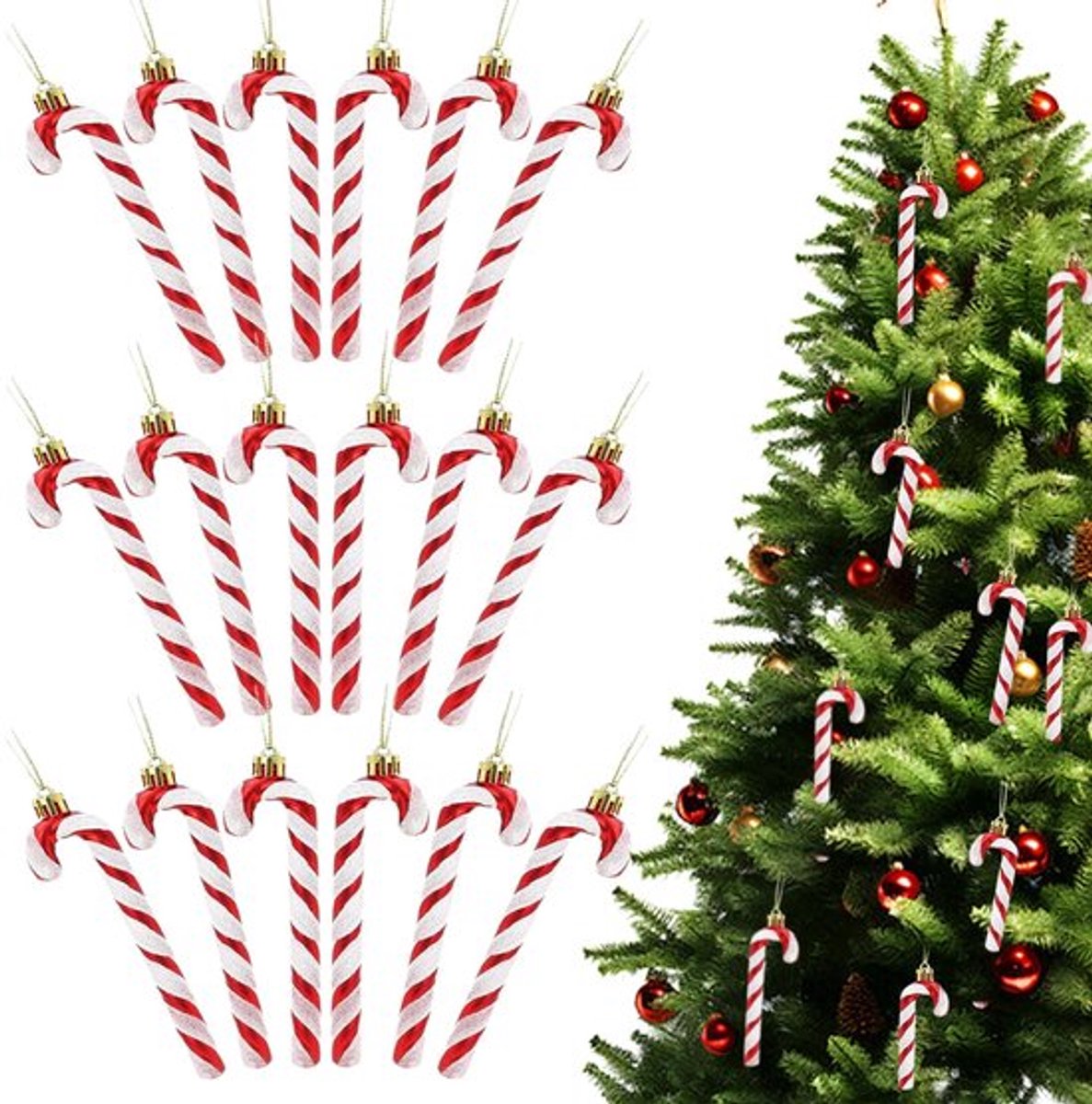 18 Stuks Suikerstok Kerstboomversiering in Rood en Wit