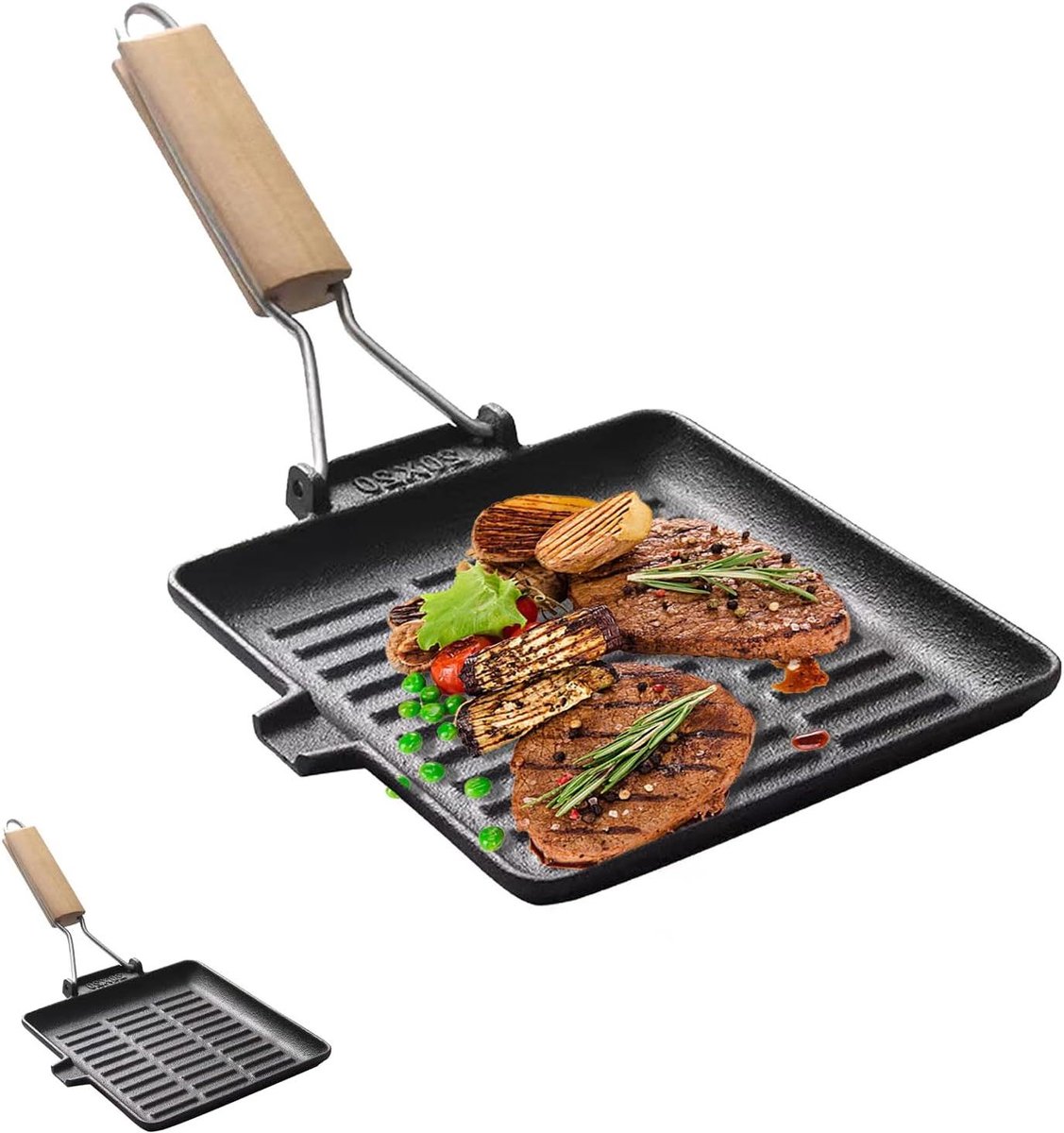 Grill Pan - Steak Pan - Buiten Koken - Inklapbaar Handvat - 20 x 20 cm - Zwart