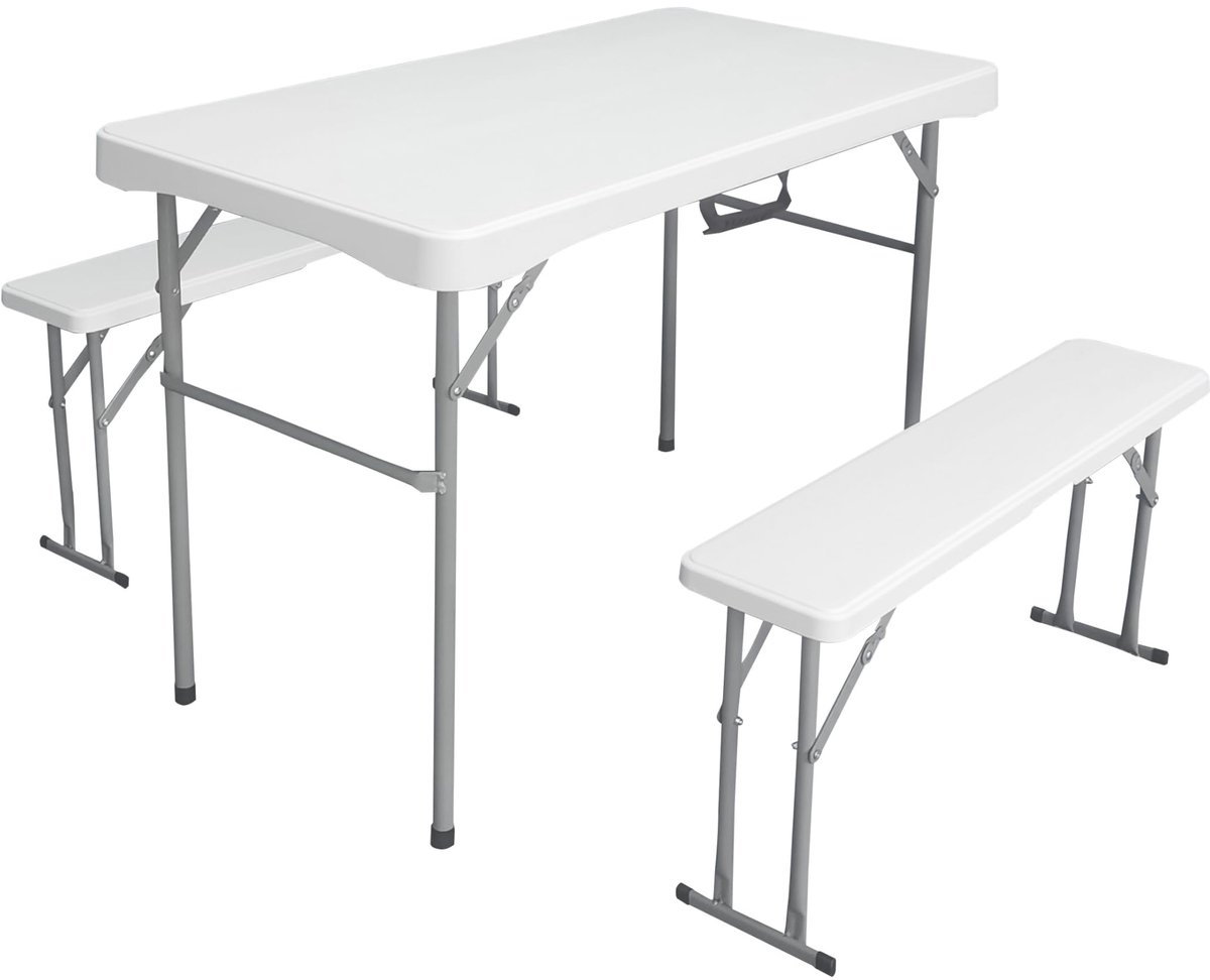 SnelShoppen - Picknickset Klaptafel + 2 Banken 113x62x71 cm - Vouwbare Tuinset Wit voor Feesten, Camping en Tuingebruik
