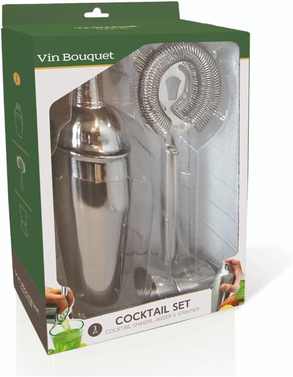 SnelShoppen - Cocktailset 3-delig van RVS met Shaker, Jigger 40/20ml en Hawthorne Zeef voor Feest, Thuis, Bar en Keuken