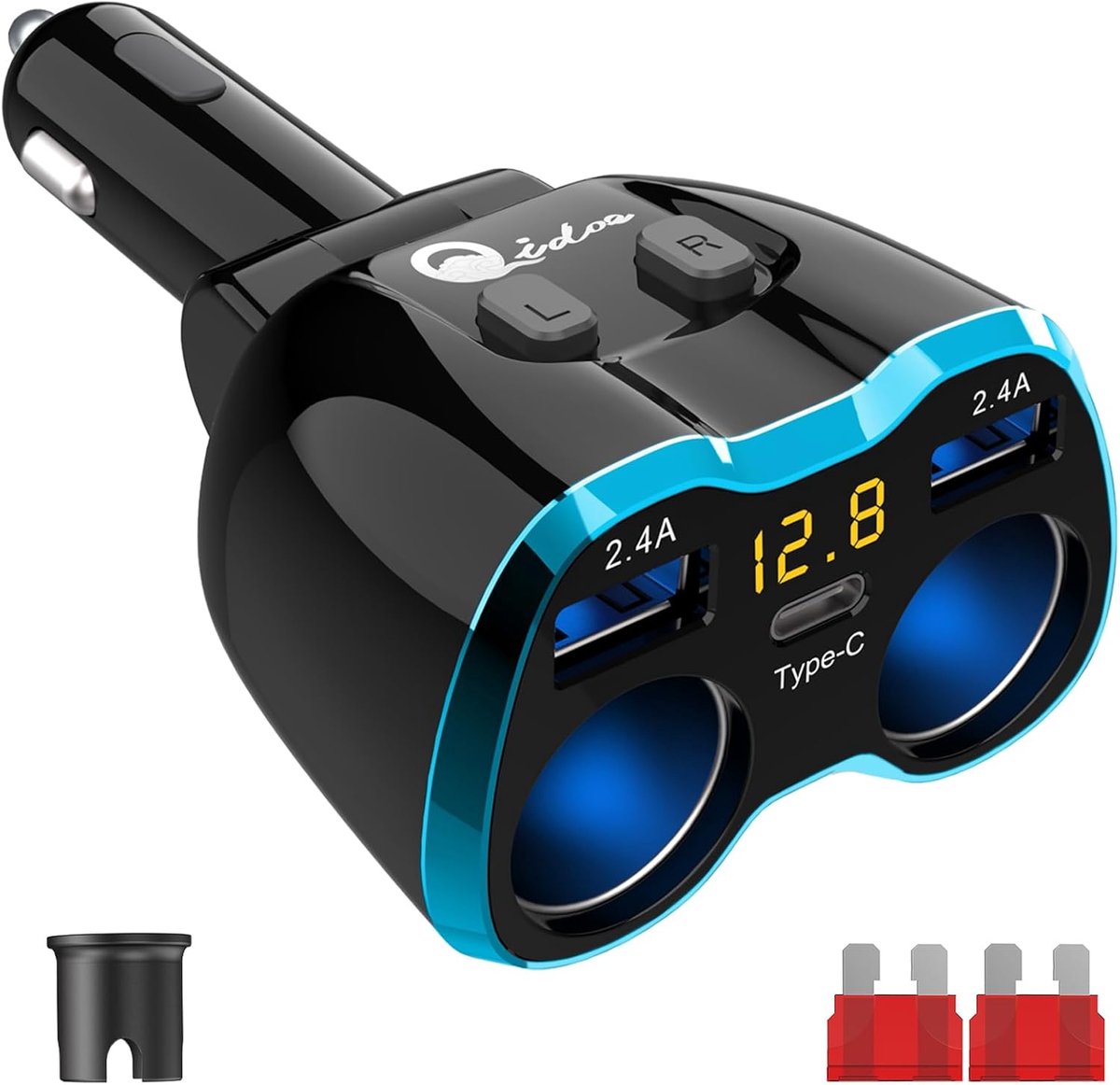 SnelShoppen - 5-in-1 Auto-Oplader: Sigarettenaansteker, Verdeler, Adapter, Splitter 12V, USB C, Autostekker, 2-Voudig Stopcontact, 80W met LED-Voltmet