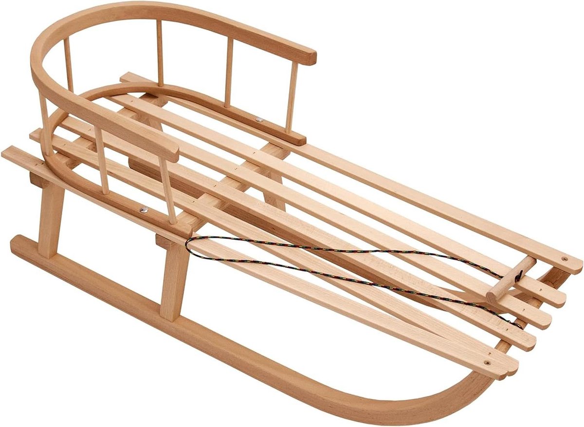 Houten slee - Kinderslee met rugleuning - Winterse avonturen - Afneembare rugleuning - 88 cm lengte - Natuurlijk hout