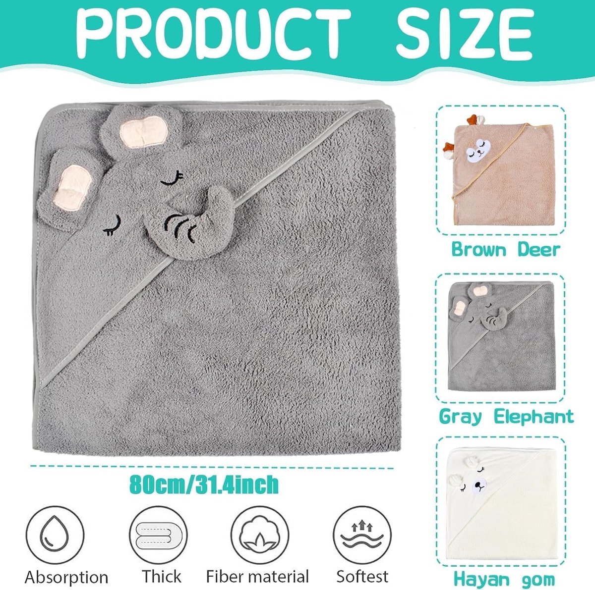 SnelShoppen - 3 stuks capuchonhanddoeken voor baby's, schattige babybadhanddoeken, 80 x 80 cm, zacht en super absorberend, perfect voor bad, strand en