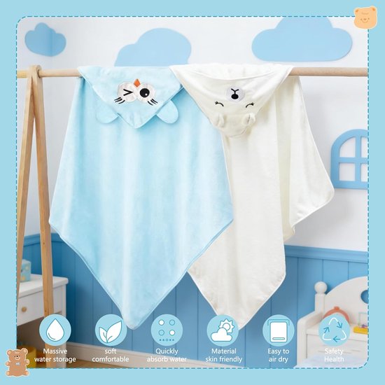 SnelShoppen - Babyhanddoek met capuchon, 2 stuks, zachte en super absorberende babybadhanddoek (80 x 80 cm) in witte beer en blauwe uil voor jongens e — afbeelding 4