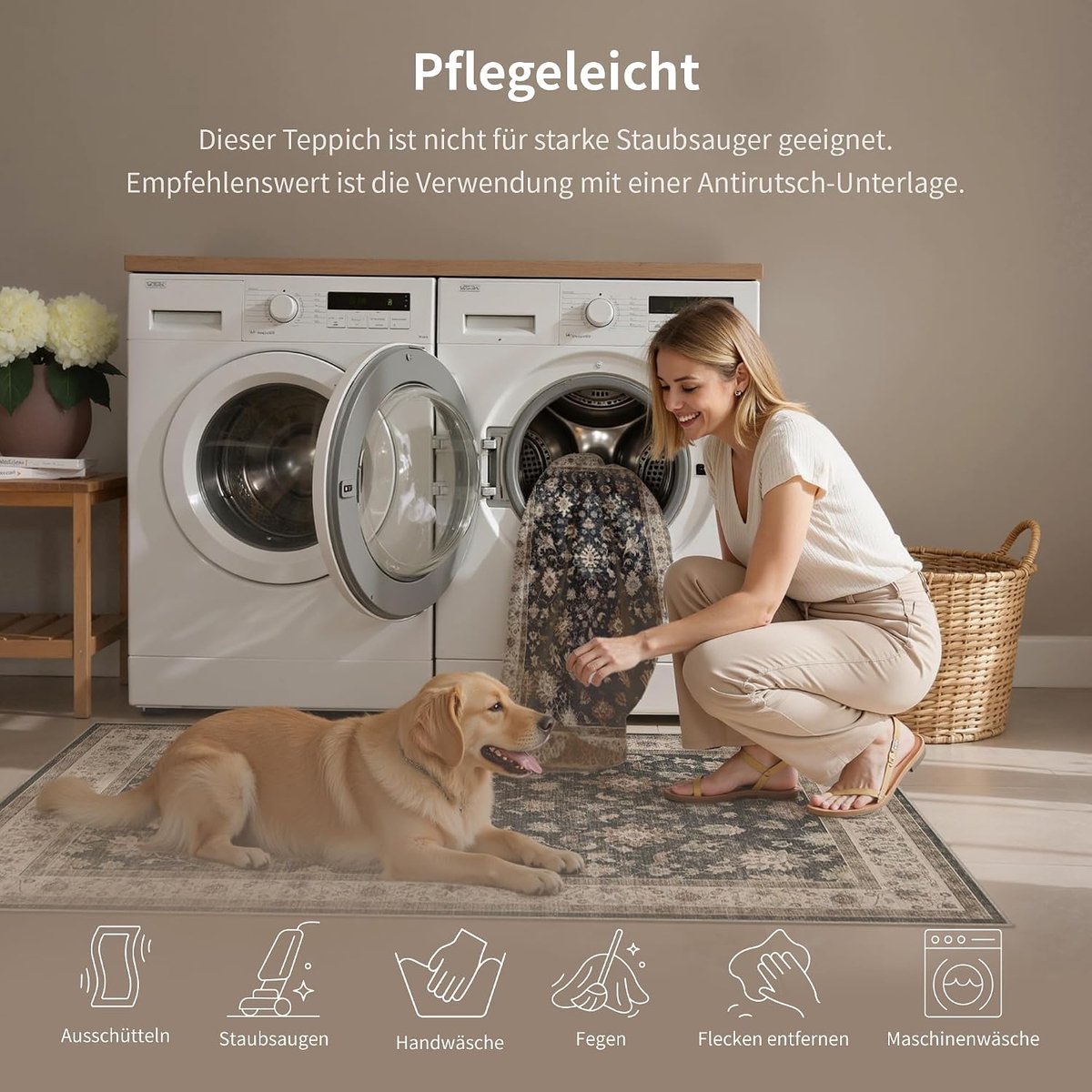 SnelShoppen - Wasbaar Vloerkleed 160 x 230 cm, Bloemenpatroon, Antislip, Zacht, Boho, Vintage, Zwart, Ideaal voor Slaapkamer, Keuken, Eetkamer, Woonka