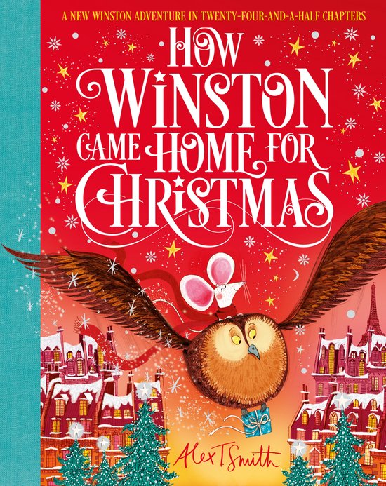 Boekomslag van "How Winston Came Home for Christmas" met een uil die een kerstcadeau draagt, vliegend over een besneeuwd dorp.