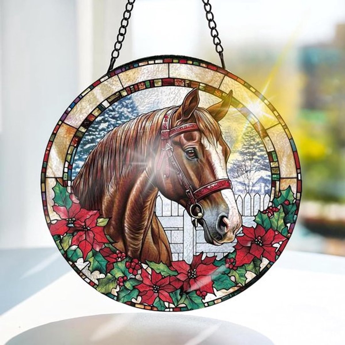 Kleurrijke Glazen Hangdecoratie met Paarden - Raamdecoratie voor Tuin, Deur en Kerst, Handgemaakte Zonnevanger 20x20cm