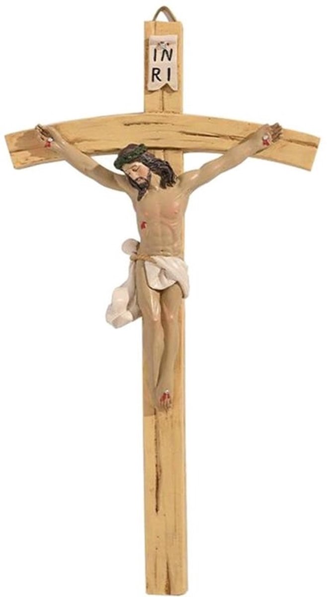 Wandkruis Handgeschilderd - Jezus Standbeeld - Religieuze Wanddecoratie - Waterdicht - Synthetische Hars - 22 cm - Kruisbeeld