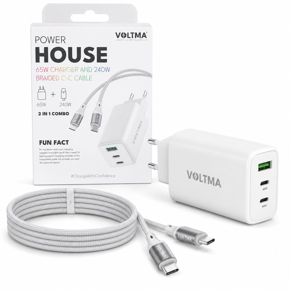 VOLTMA 65W USB-C Oplader met 240W USB-C naar USB-C Kabel 2M – 3 Poorten Snellader – Power Delivery Adapter voor Laptop, MacBook, iPhone, Samsung, Tablet & Meer