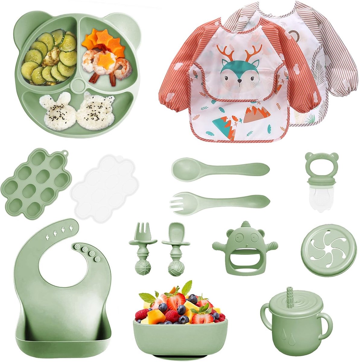 SnelShoppen - 14-delige siliconen babyserviesset, kinderservies met antislip zuignap, borden, kommen, slabbetje, lepel, vork, drinkbeker, fruitzuiger,