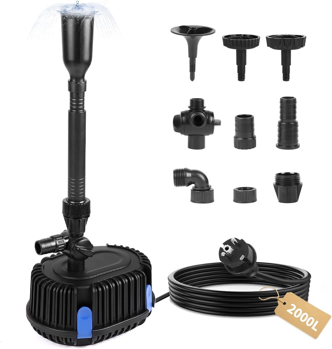 SnelShoppen - DBREAKS Fonteinpomp 2000 l/u, 2 m, Vijverpomp voor Buiten, Waterspeelpomp, 35 W, Fonteinpomp met Filterspons, Beeklooppomp, Vijverfilter