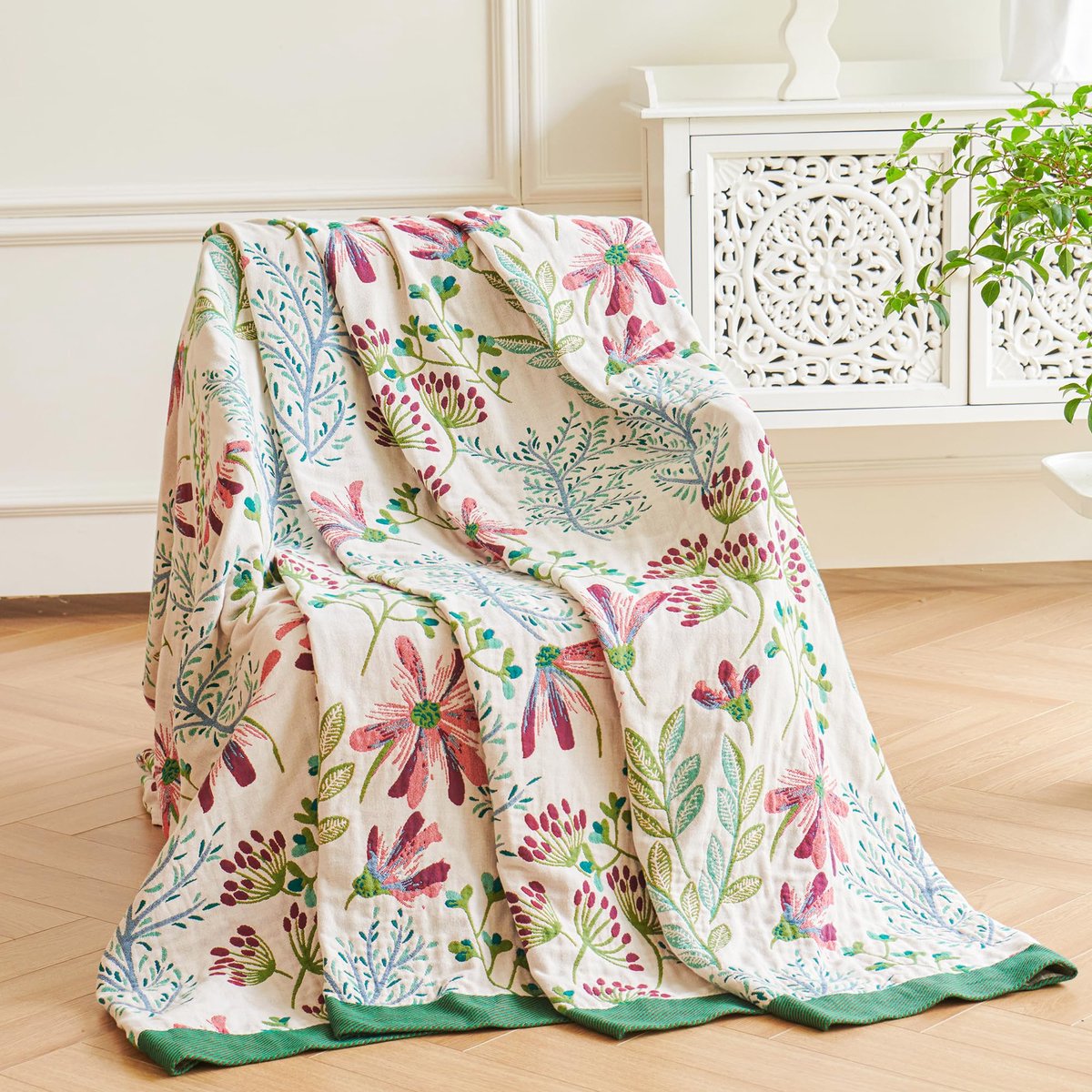SnelShoppen - 100% Katoen Sofa Plaid 130x150cm, Dubbelzijdige Luxe Bloemen Plaid voor Eenpersoons Zitbank, Fauteuil, Bank en Bedsprei, Groen