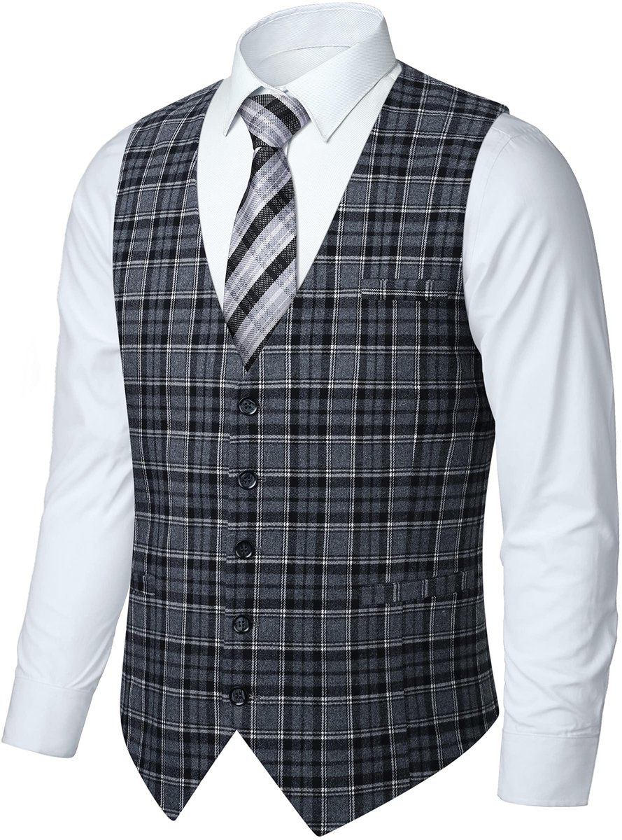 SnelShoppen - Formeel Bruiloftsgilet voor Heren, Katoen, Plaid, Zwart, XL, Perfect voor Feesten en Speciale Gelegenheden