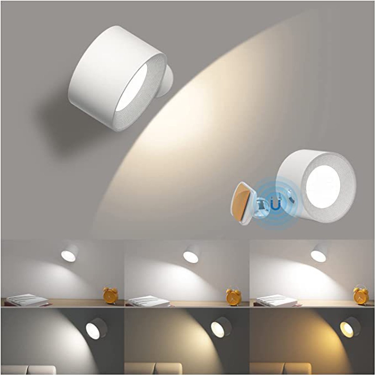 Oneay Wandgemonteerde LED-leeslamp met drie kleurtemperatuurinstellingen en drie helderheidsniveaus; werkt op batterijen en is geschikt voor thuiskantoren, nachtkastjes en slaapkamers.