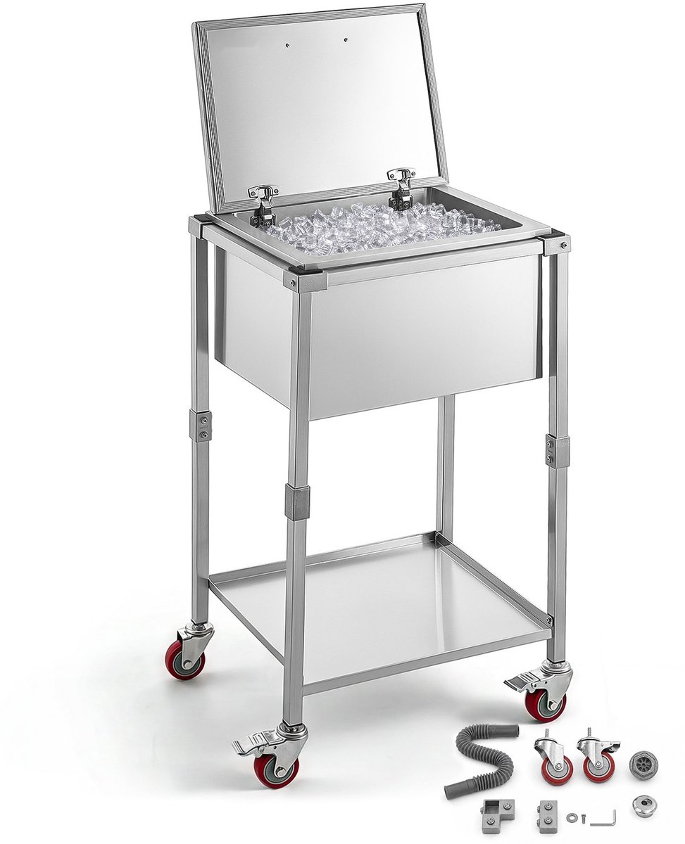 Drankenkoeler - Mobiele koelwagen - 56,4 liter - Roestvrij staal - Scharnierend deksel - Wielen en plank - 55,8 x 45,5 x 100,3 cm