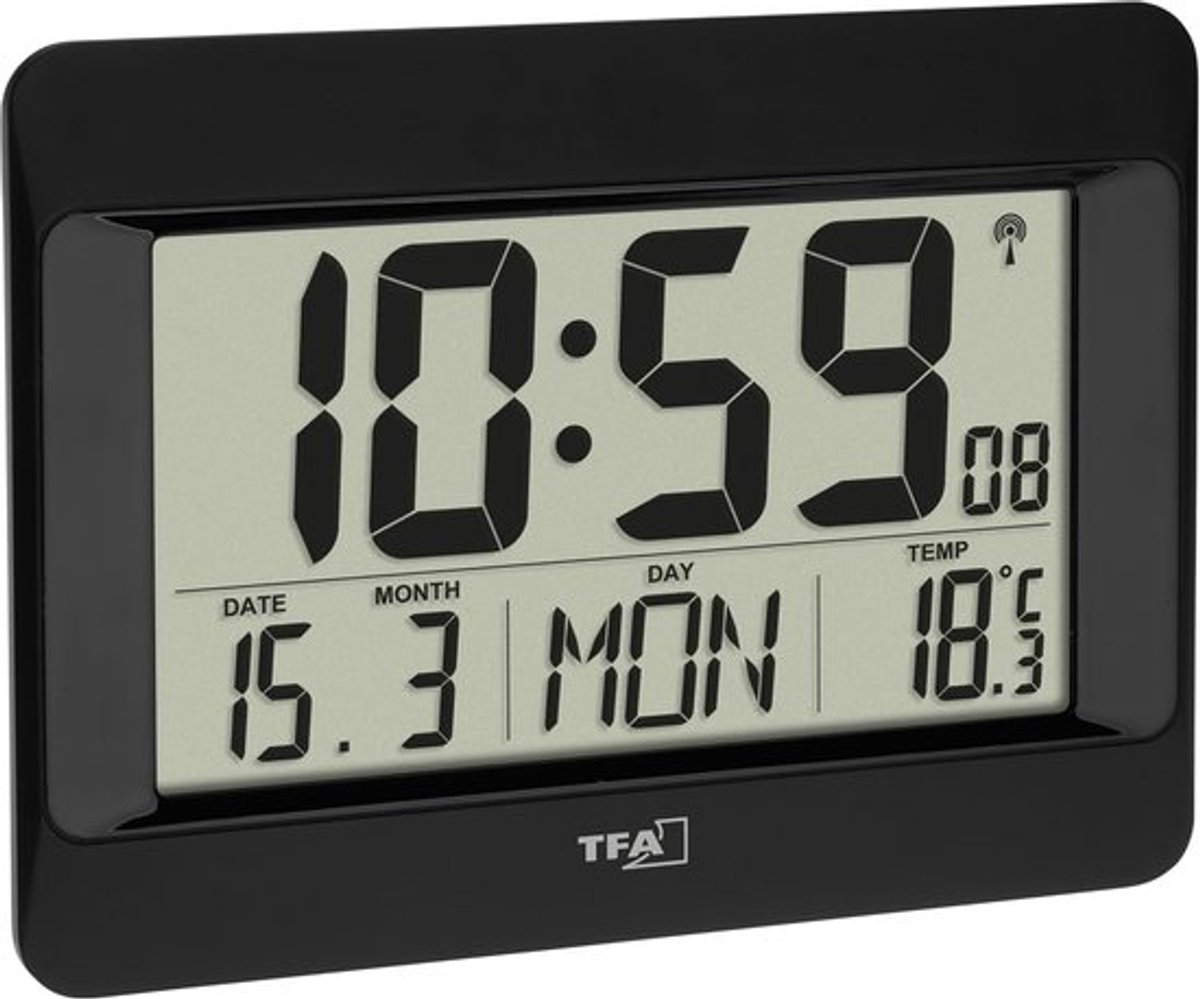SnelShoppen - Radiogestuurde Wandklok met Binnen temperatuur, Alarm met Snooze, Datum + Weekdag (8 Talen), Zwart, Voor Hangend of Staand Gebruik, 215x