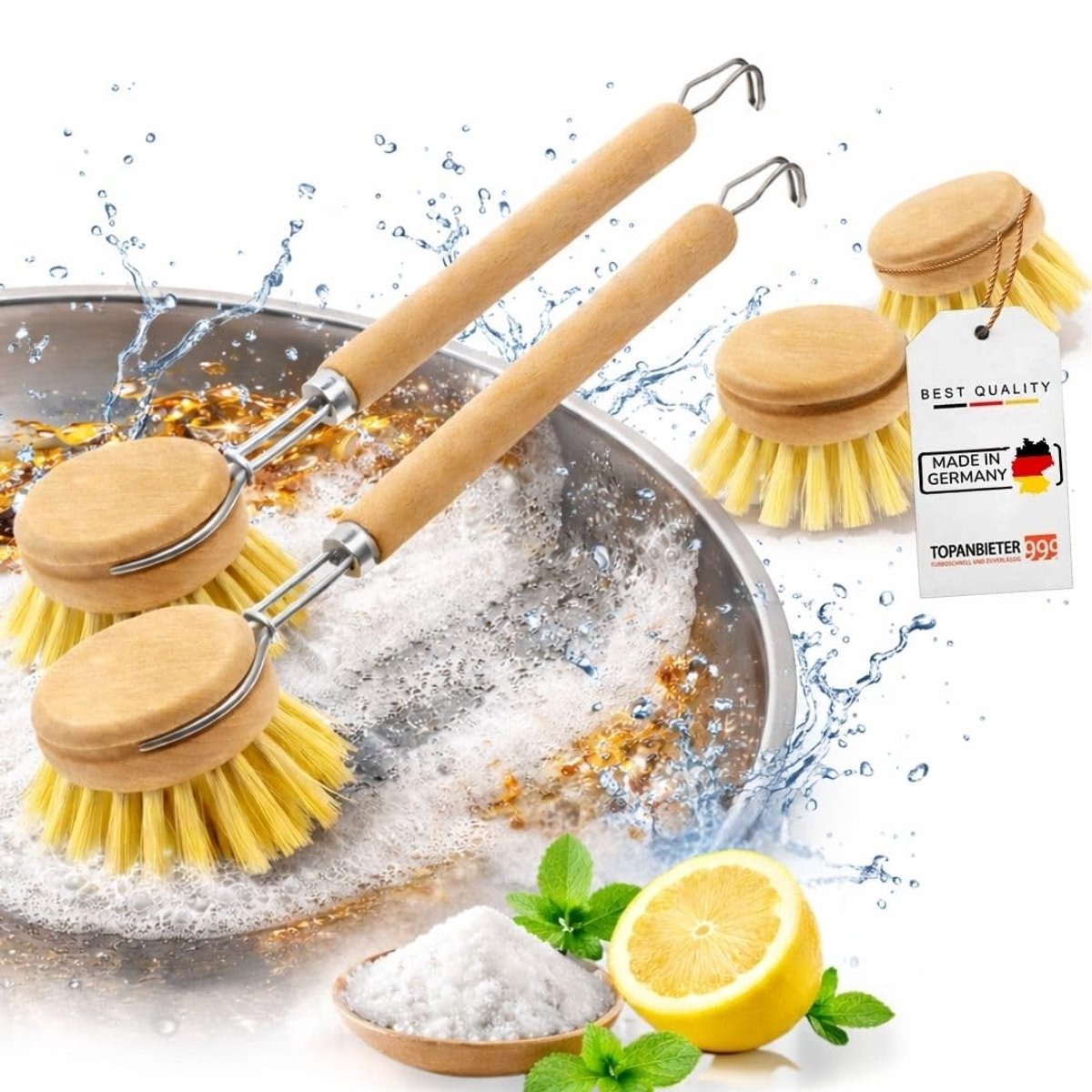 Solidchoice - Houten Afwasborstel met Verwisselbare Kop, Set van 4