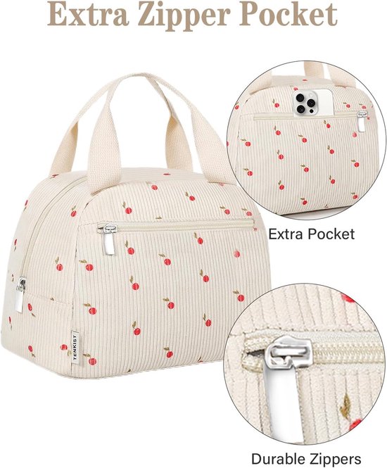 Geïsoleerde lunchtas - lichtgewicht corduroy - 8L ruime inhoud - voor werk, school en picknick - draagbare broodtrommel - voor vrouwen - wit - 1 stuk van FLITI — afbeelding 2