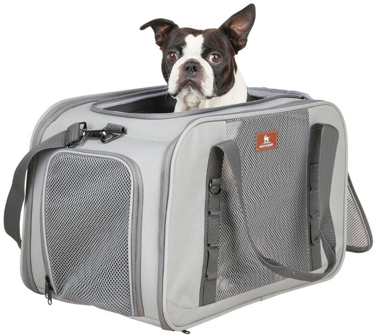 Knuffelwuff hondentransporttas – opvouwbare transporttas met ventilatie, ritssluitingen en zijvak voor poepzakjes L 32x50x32 cm