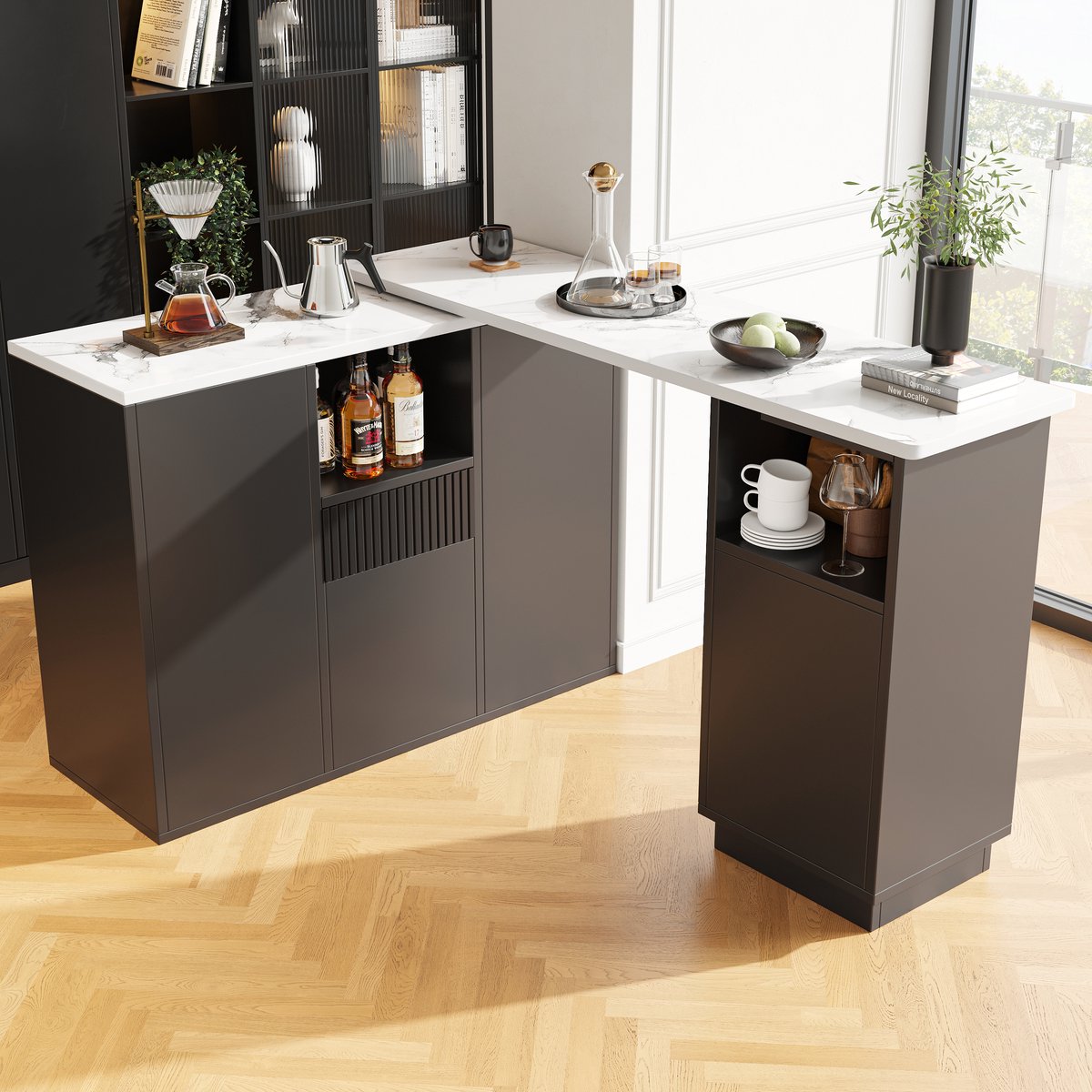Keukeneiland - met mobiel ontwerp en opbergruimte en draaibaar tafelgedeelte - zwart - afmetingen 210 x 30 x 100,9 cm - voor een praktische keuken