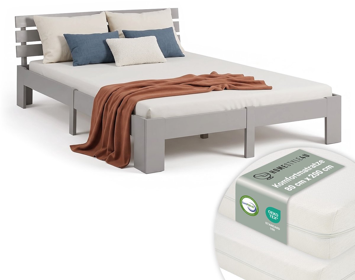 Homestyle4u Tweepersoonsbed - 160x200 cm - Bed met Matrassen en Lattenbodem - Grijs