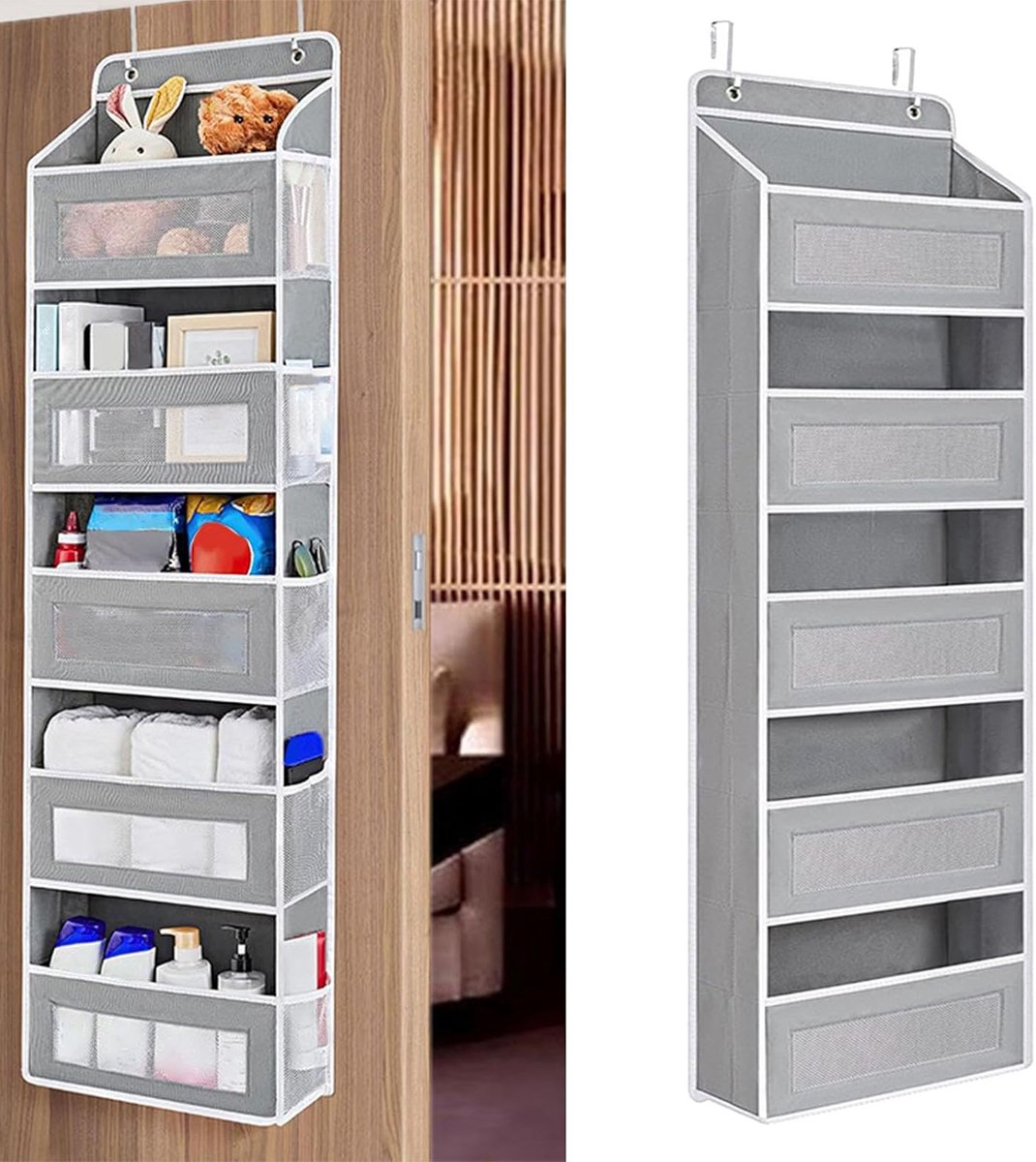 REDOM Deur Organizer 40 × 16,5 × 142,5 cm – 5 Vakken met Transparante Kijkvensters – Ruimtebesparende Hangende Opbergtas voor Slaapkamer, Kinderkamer & Woonkamer – Non-woven – Grijs