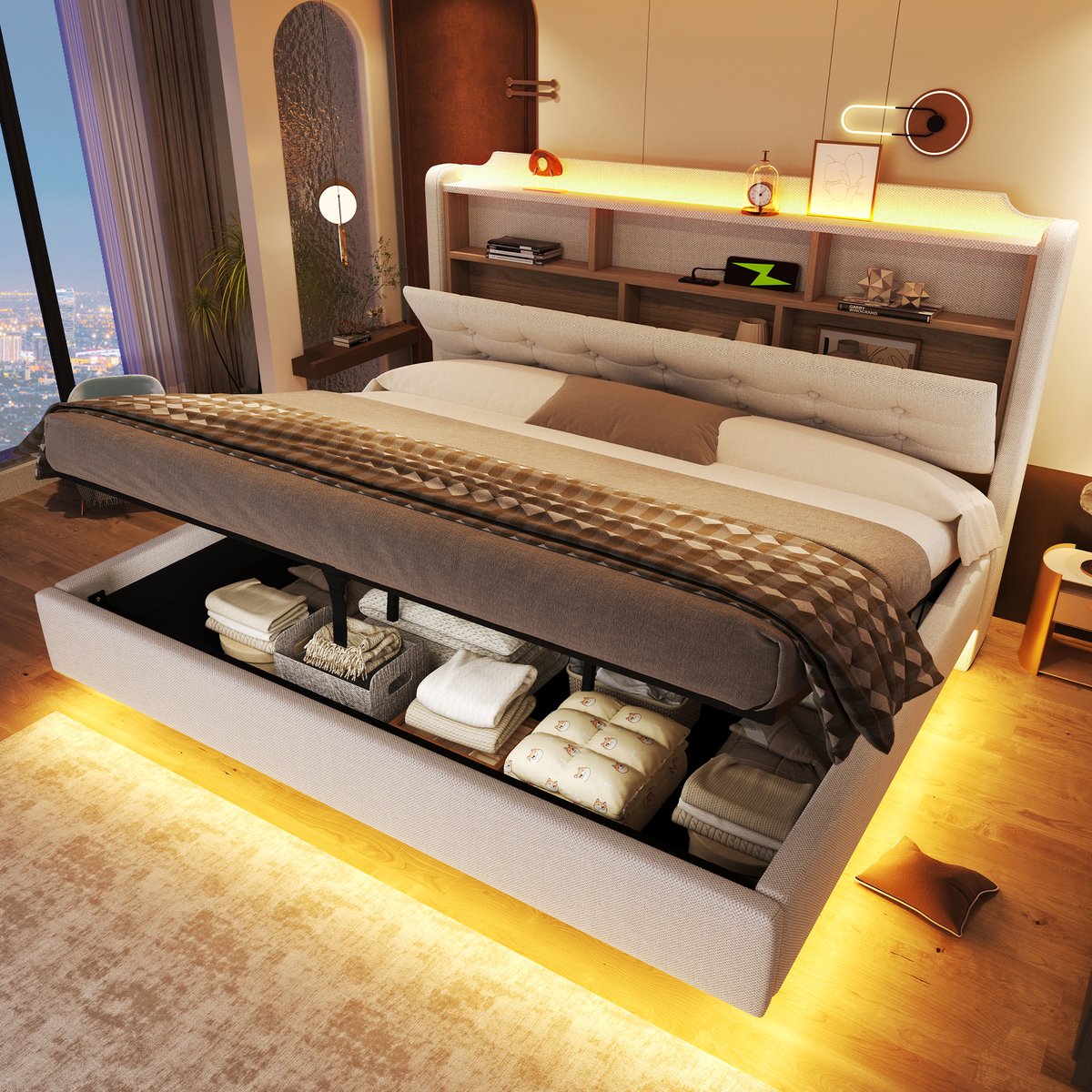 Gestoffeerd Bed 180x200 cm - Met LED-Verlichting - Met Opbergruimte - Met USB-Oplaadpunt - Beige