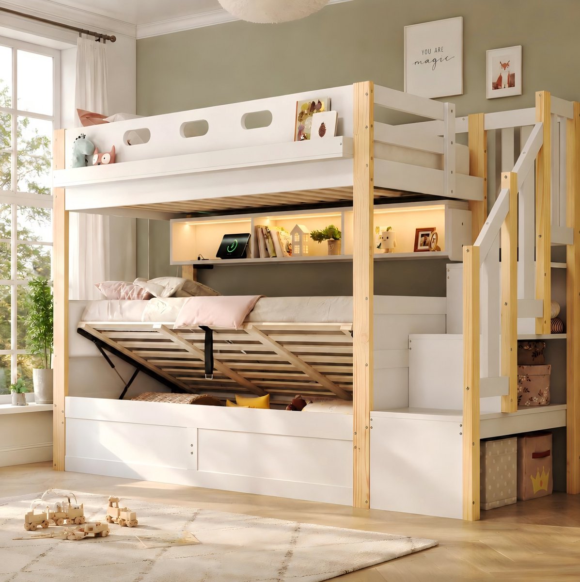 MIVRAY Stapelbed 90x200 Cm - Kinderbed Met Opbergruimte En Verlichting - Met Trap En Laadfunctie Voor Kinderkamer - Hout MDF Kunstleer - Wit