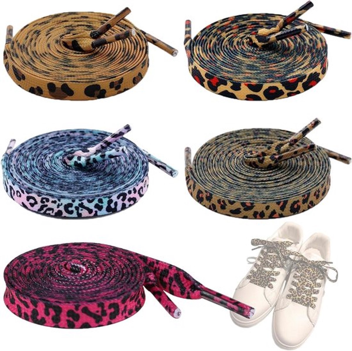 5 stuks platte dunne veters met luipaardprint voor sneakers - scheurvast - ideale reserve schoenveters - volwassenen en kinderen - trendy en stijlvol