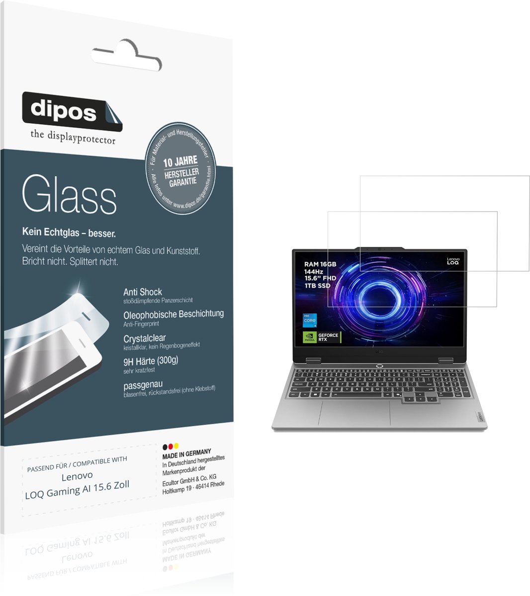 dipos – 2x Pantserfolie geschikt voor Lenovo LOQ Gaming AI 15.6 Zoll | 9H Screenprotector