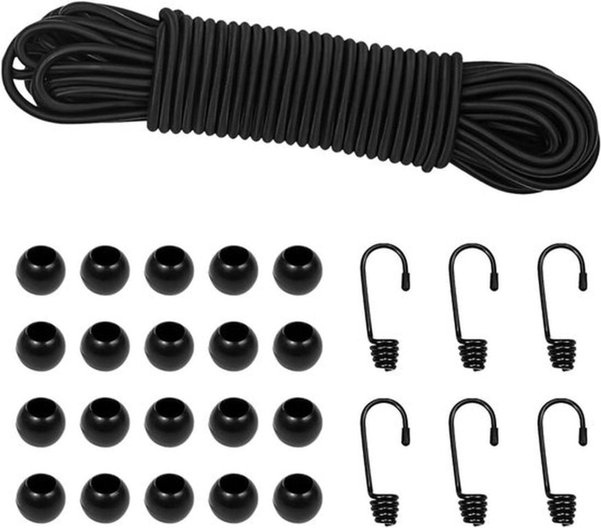 10 meter elastisch touw voor transport - 4 mm elastische touwen en bevestigingen - 6 elastische haken - 10 ronde kunststof gespen | Sterke kwaliteit | Multifunctioneel .