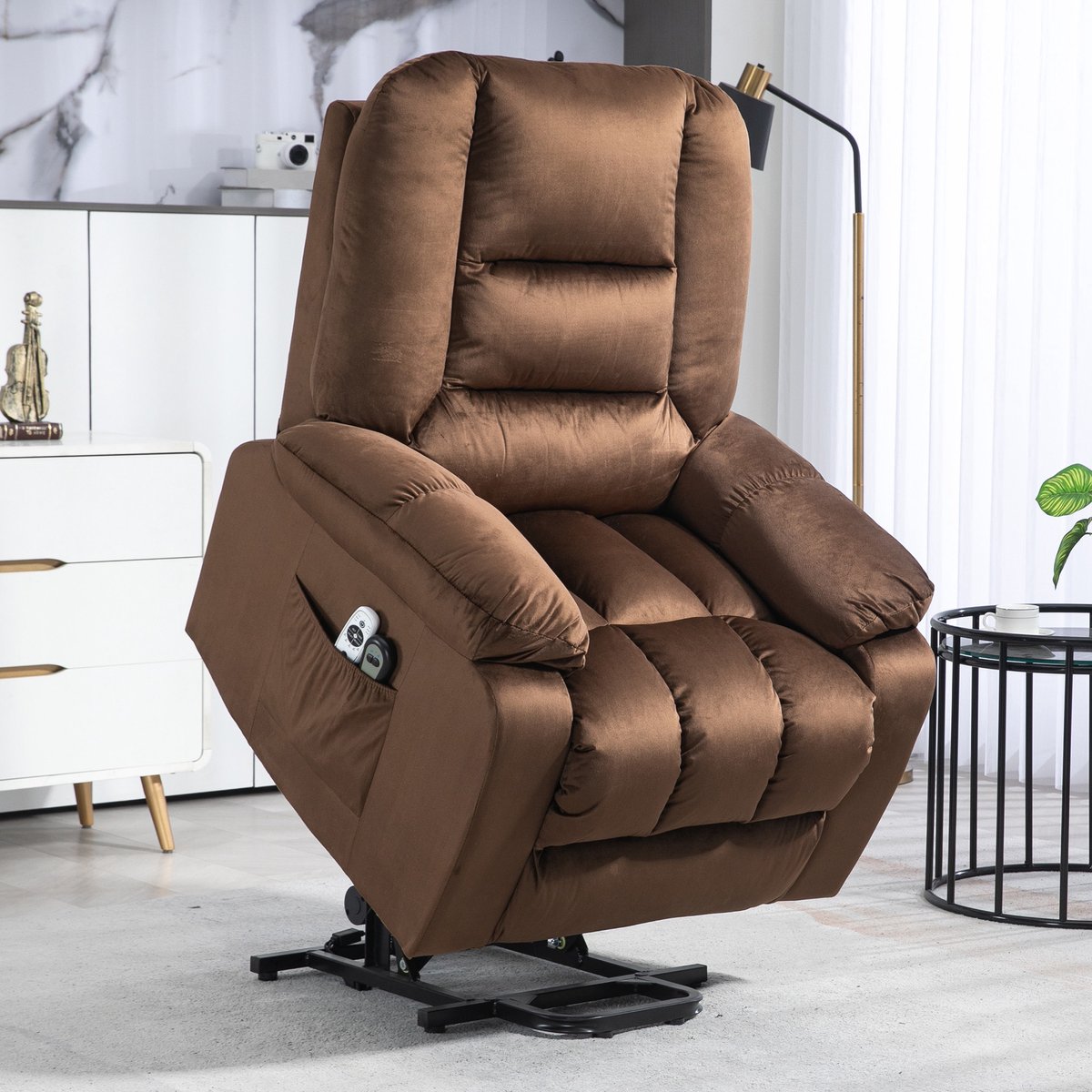 Fauteuil Relax Lift Recliner Massage Verwarmd Fluweel Bruin – foto 3