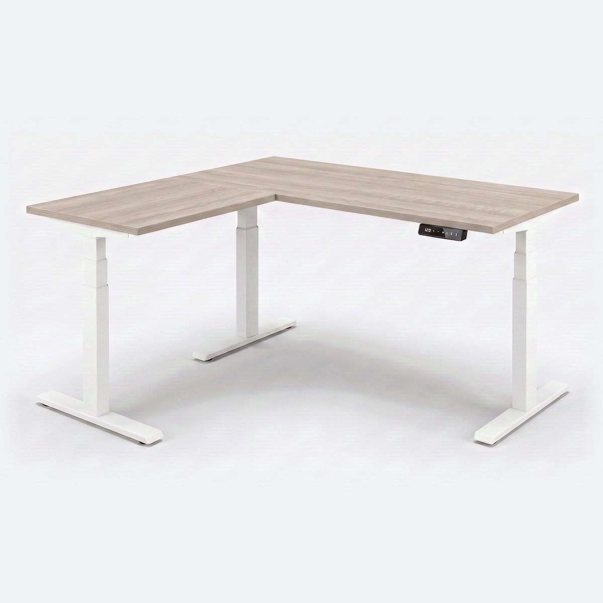 Zit-sta hoekbureau elektrisch 160x160cm – Wit, Midden eiken