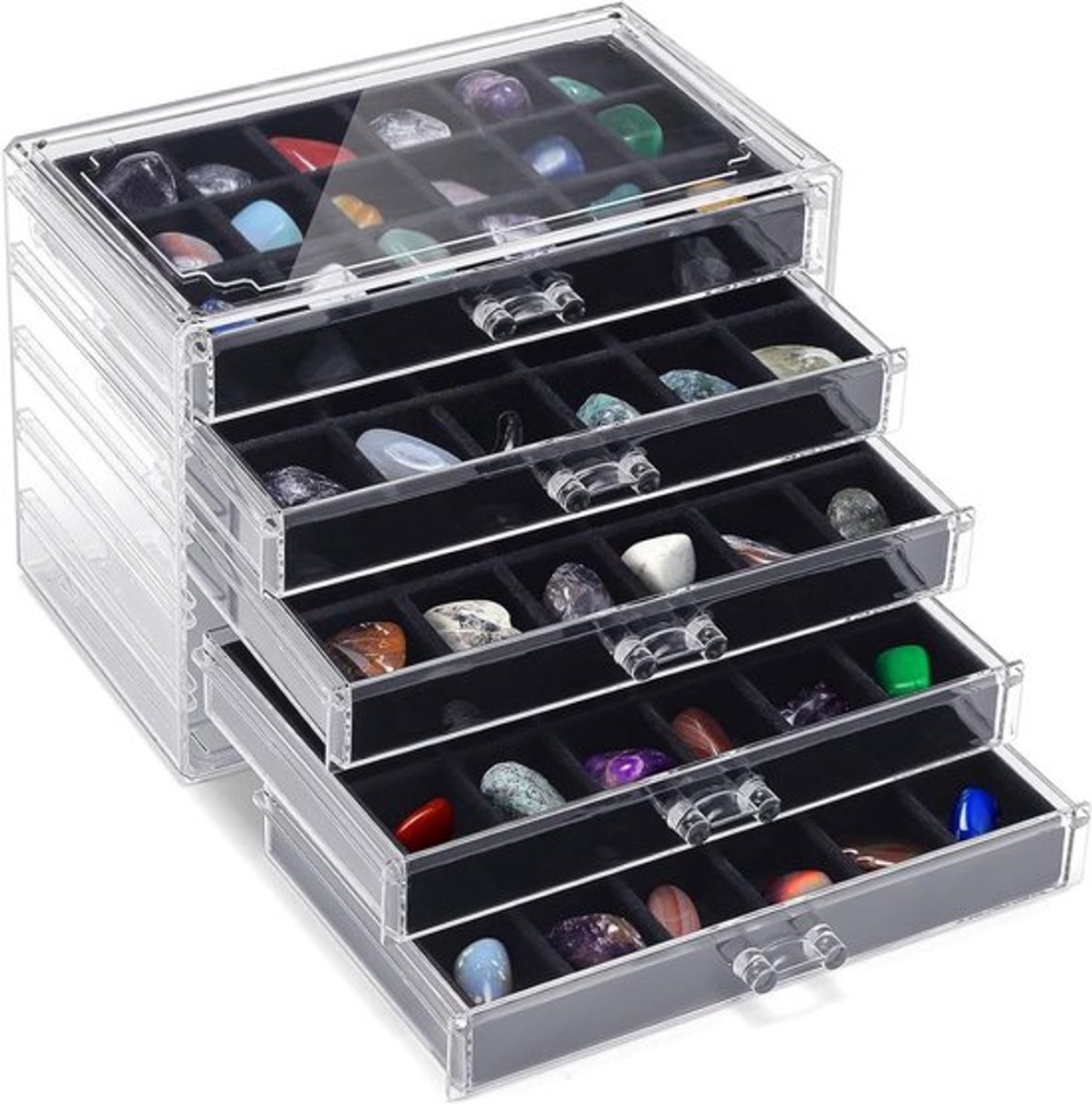 90 Compartimenten steenentoonstellingskast met 5 lades - Transparante opbergdoos voor sieraden, kristallen en edelstenen 23,5 x 13,5 x 17 cm