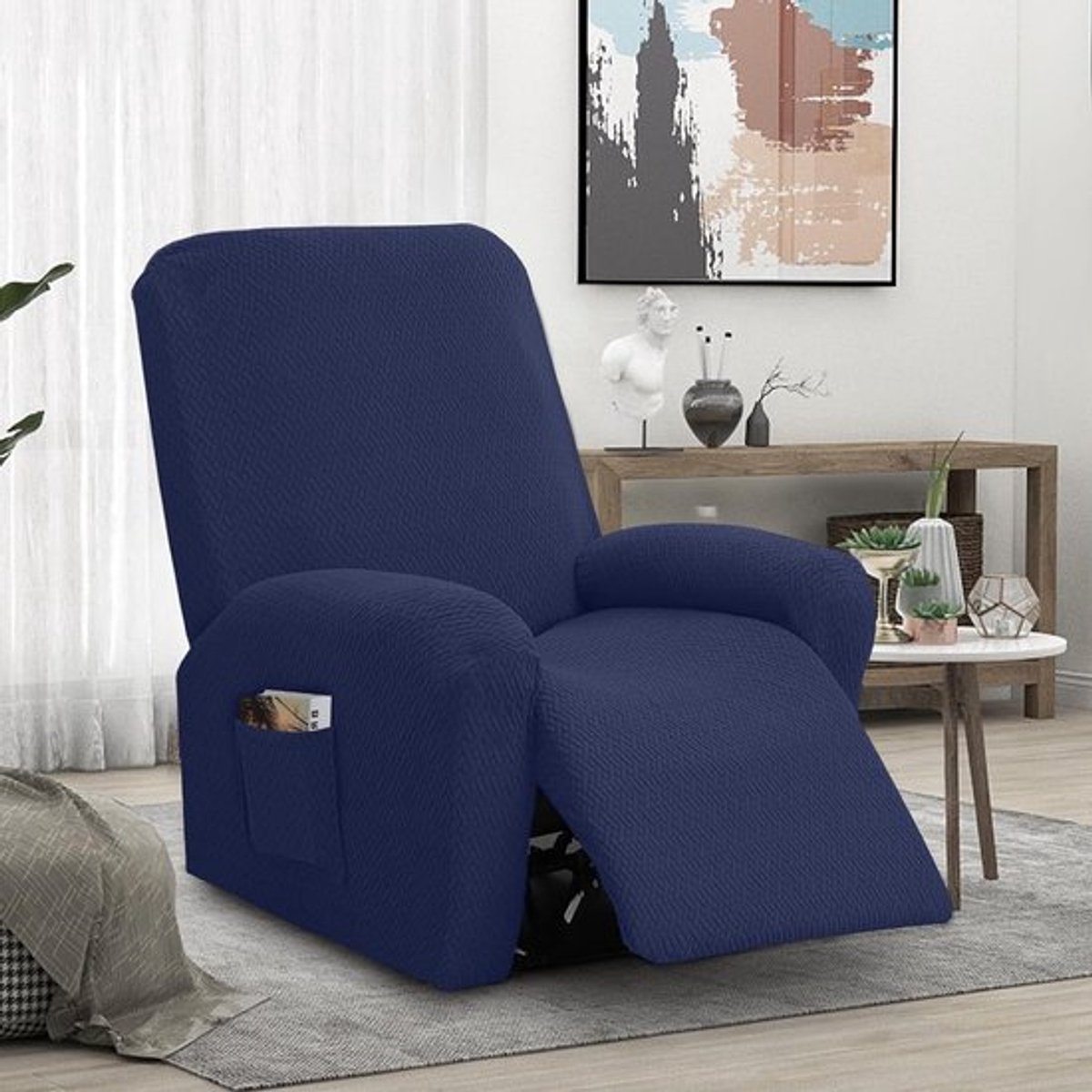 Stretch Stoelhoes Set van 4, Rekbare Stoelhoes met Zakjes, All-Inclusive Bescherming voor Relaxstoelen, Gestreepte Jacquard Totale Stoelhoes voor Meubilair