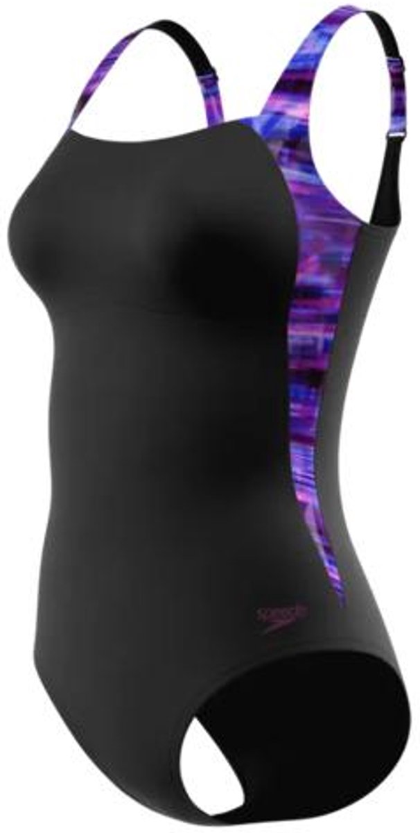 Speedo Luna Lustre Printed 1P Dames - Badpak Dames met Uitneembare Cups - Zwempak Dames met Plooien - Badpak Dames met Verstelbare Bandjes - Zwart/Paars - 46