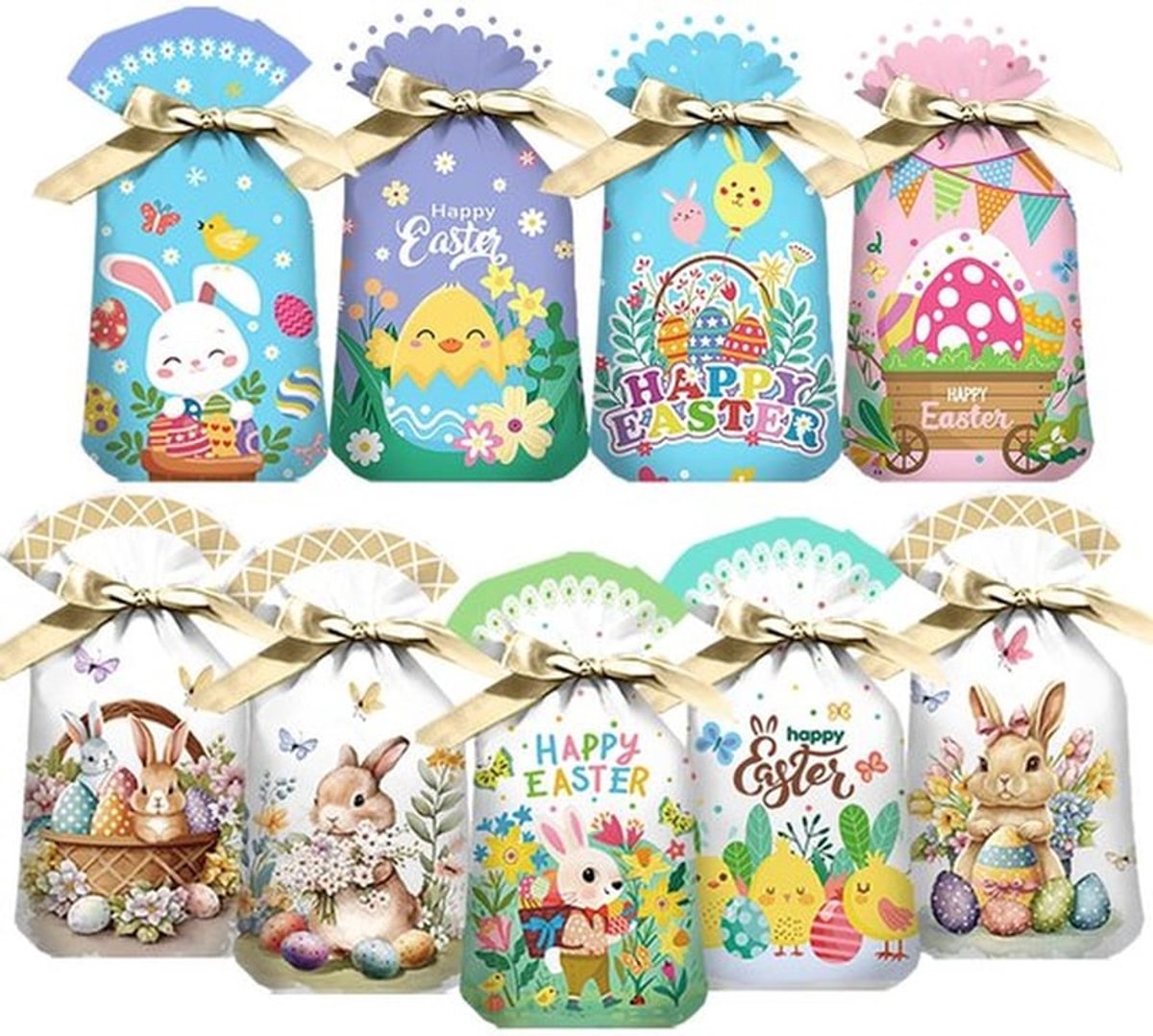 Traktatiezakken 45 stuks - Paasgeschenkzakken - Trekkoord Goodie Bags - Plastic Zakjes - Feestelijke Verpakking - Schattige Motieven - Giftbags