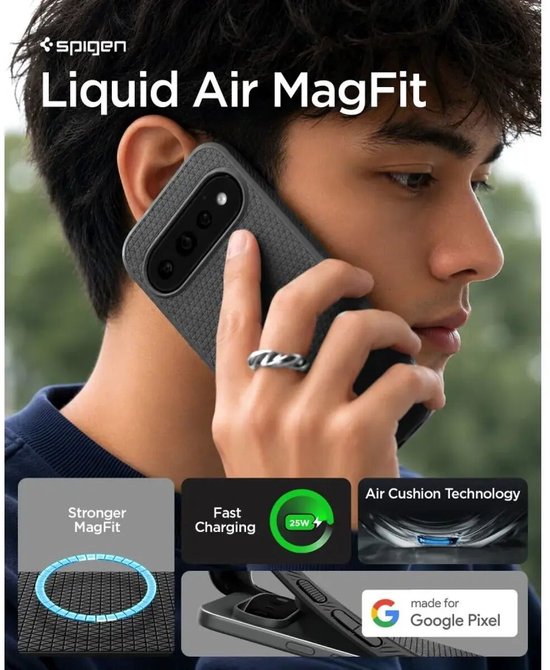 Man gebruikt een zwarte Spigen Liquid Air MagFit hoes met Google Pixel.