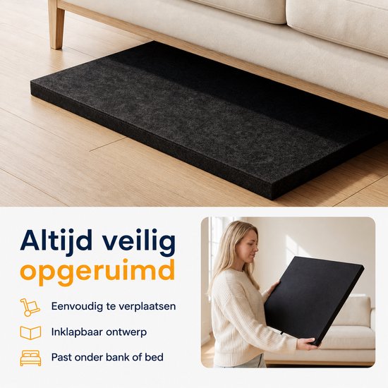 Zwarte, opvouwbare puzzelmat met antislip vilt, past onder bank of bed. Makkelijk te verplaatsen.