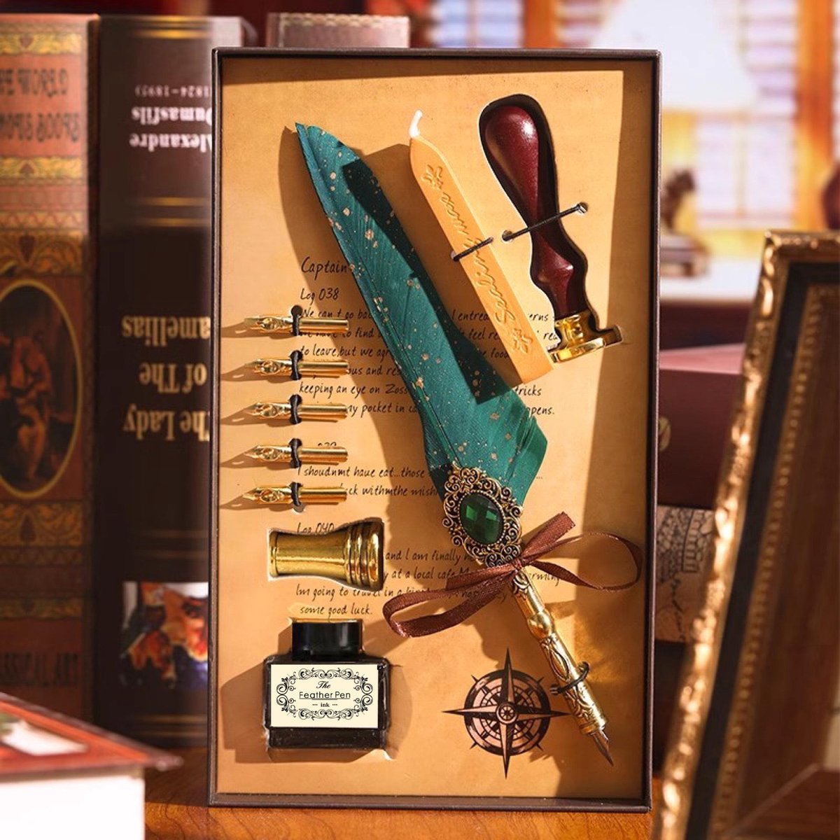 Casalora® Magische Edelsteen Verenpen Set – 10 Delige Vintage Vulpen Cadeauset met Veerpen, Penhouder, 5 Verwisselbare Pennenpunten, Lakzegel & Zwarte Inkt – Luxe Schrijfset voor Creatief Schrijven, Decoratie en Cadeau