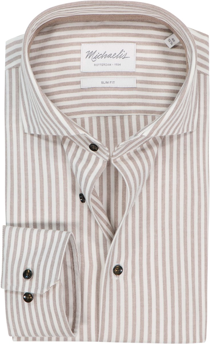 Michaelis slim fit heren overhemd - flanel - beige gestreept - Strijkvriendelijk - Boordmaat: 39 (EU maat: M)