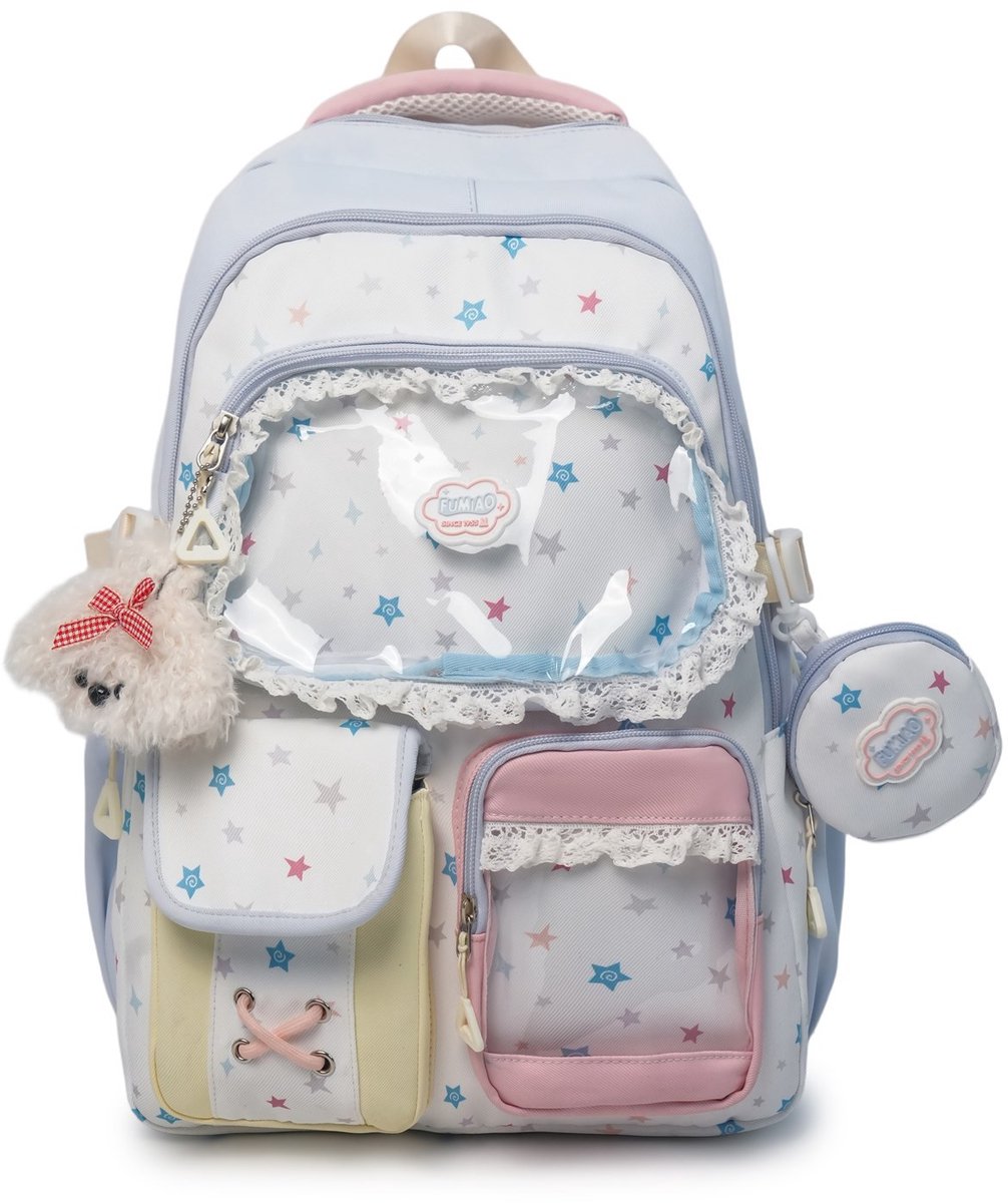 Meisjes Rugzak Set – Schoolrugzak met Portemonneetje – 2-delige Set – 31 × 17 × 43 cm – Met Transparant Voorvak – Voor Buttons & Foto's – Nylon – Blauw – Voor School & Dagelijks Gebruik