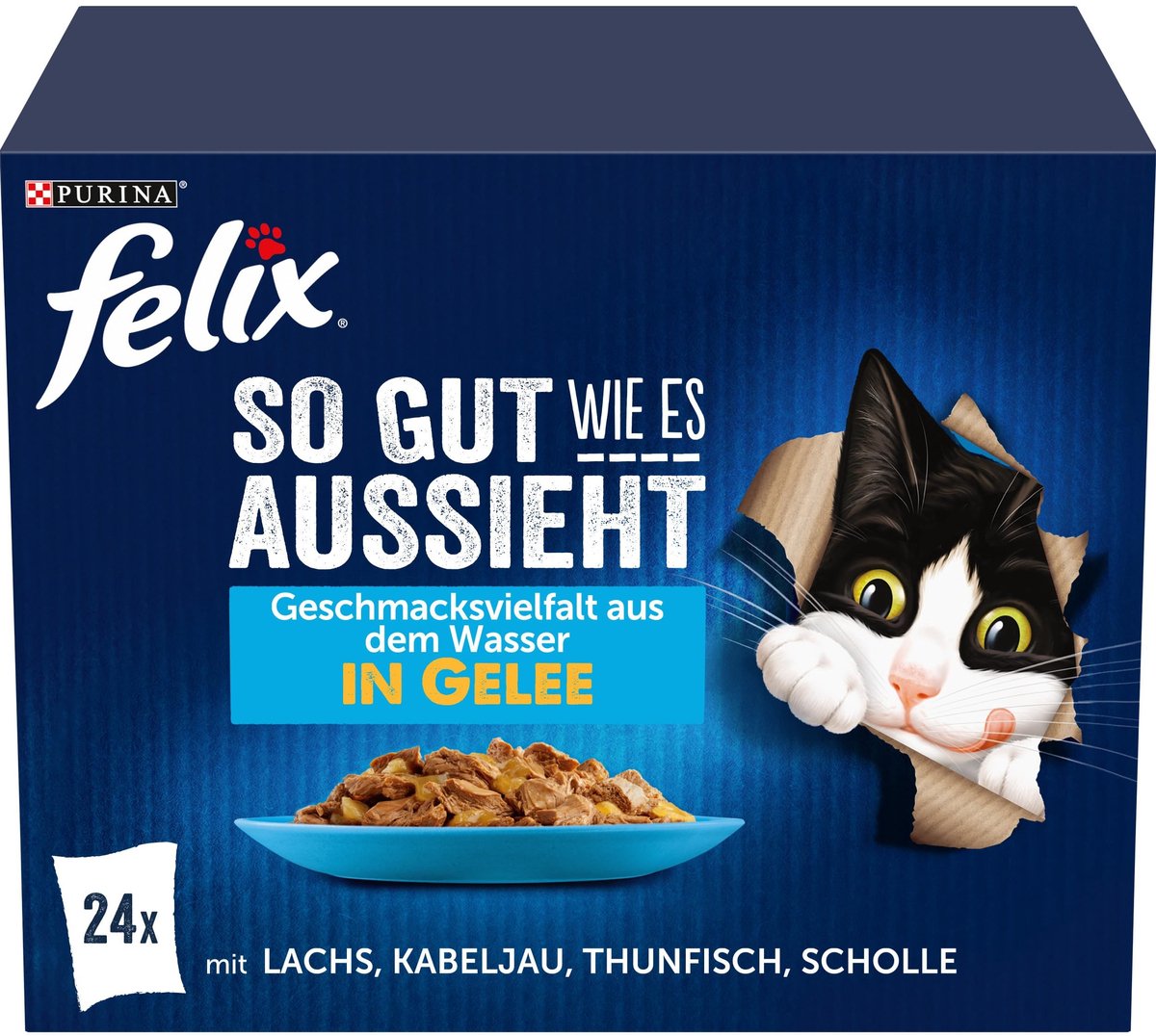 Solidchoice - Felix Natvoer, Variatie in Gelei met Zalm, Schol, Kabeljauw en Tonijn, 4 Pakketten (4 x 24 Zakjes van 85 g)