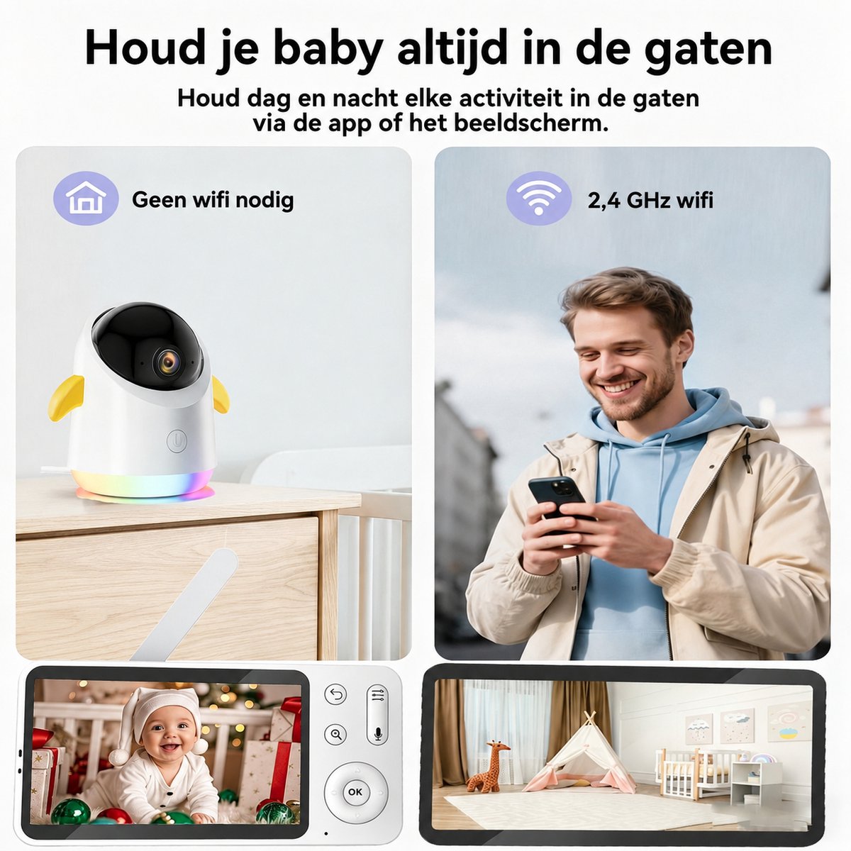 Babyfoon met 2 Camera's en App - 2K/3MP - 360° Beeld - 5" WiFi Video Babyfoon - RGB-Nachtzicht - Huil-, Bewegings-en Geluidsdetectie - 4x Zoom thumbnail 4