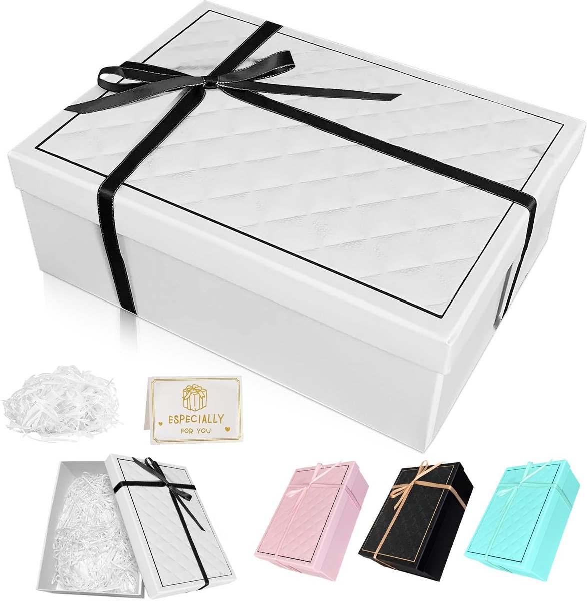 Geschenkdoos met deksel 25x18x8,5cm - vouwbare cadeaudoos wit - met strikken en wenskaarten - SnelShoppen
