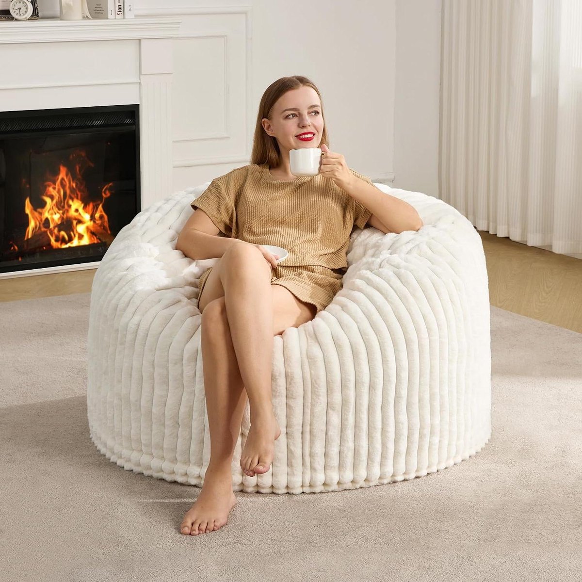 Grote Zitzak voor Volwassenen met Pluche Overtrek - Comfortabele Zitzak voor Woonkamer en Slaapkamer (Wit, 91 cm)