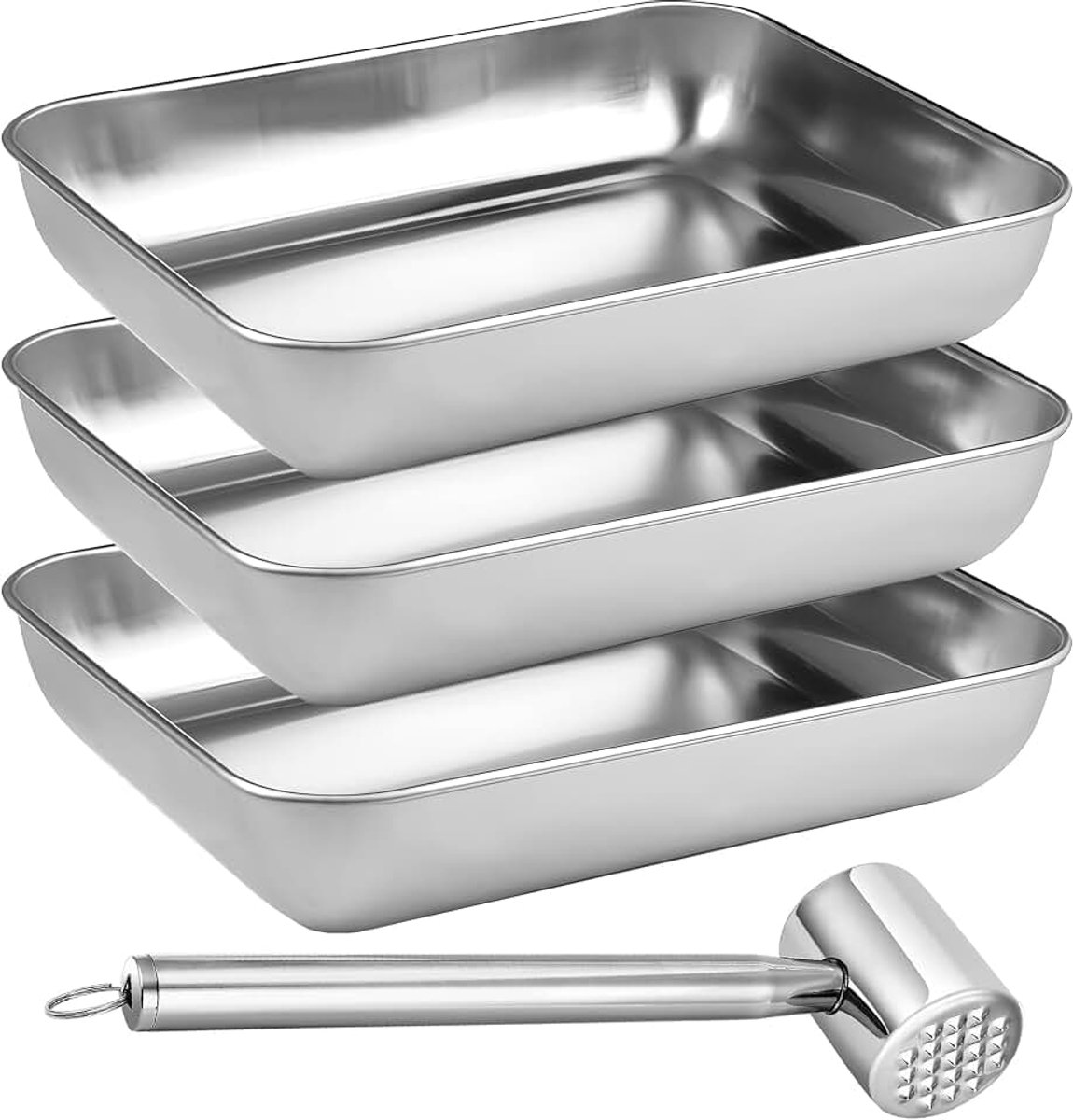 Juego de 3 Bandejas para Rebozar en Acero Inoxidable, Bandeja para Empanar 25x19x5 cm, para Escalopes, Pescado y Verduras, Apto para Lavavajillas