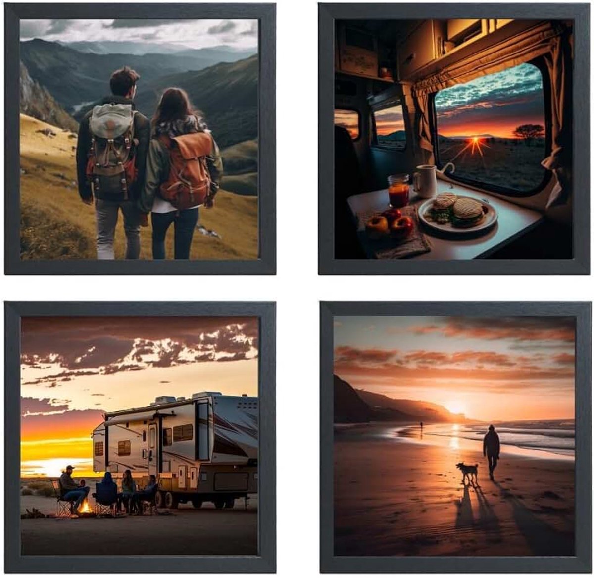 Picture Frame Set van 4 in zwart van echt hout, houten lijst, fotowand set met lijst, collage fotolijst