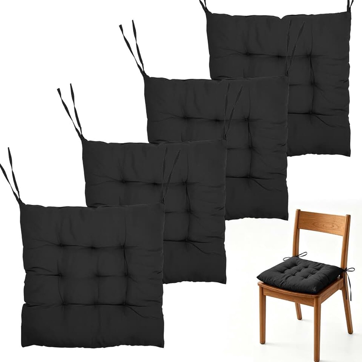 4 stuks zitkussens met linten, 40 x 40 cm stoelkussens, kussens voor tuinstoelen, stoelkussen voor binnen en buiten, zitkussen voor eetkamer, woonkamer (zwart)